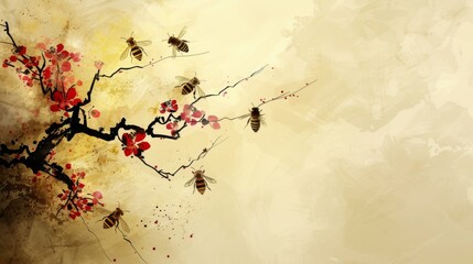  Artistic Sumi-e rendering of bees gracefully interacting with flowering branches, highlighting an elegant dance between flora and fauna.