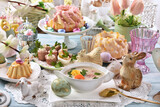 Fototapeta  - Easter table with traditional white borscht, sausage with horseradish and pastries