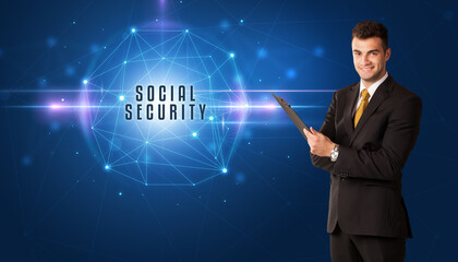 Poster - businessman thinking about security concept