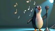A charismatic penguin holding a vintage microphone, belting out a melody on a stage with spotlight and musical notes in the air