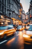 Fototapeta  - yellow taxi car in traffic on a city street slow motion Generative AI