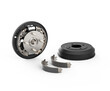 Drum brake with the drum removed isolated and replacement kit brake drum shoes. System of drum brake. Automotive braking system