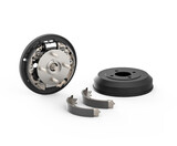 Fototapeta Big Ben - Drum brake with the drum removed isolated and replacement kit brake drum shoes. System of drum brake. Automotive braking system