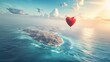 A heart-shaped balloon is seen soaring high above the vast expanse of the ocean. The balloon fills the frame, casting a whimsical silhouette against the clear blue sky and shimmering waters below.