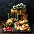 An artistic cheese and charcuterie board arranged to create a landscape scene