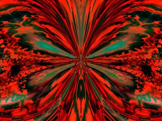 Poster - Background with symmetrical pattern, effect of rays and wings in motion, blur, lines curves, waves and depth in red and green colors - abstract graphic. Topics: wallpaper, abstraction, art of computer