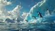Group of penguins Jumping from iceberg and Swimming through the ocean water.