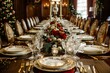 A grand dining table is elegantly set for a formal Christmas dinner, adorned with festive decorations, fine china, and crystal stemware
