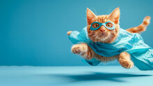 A Red-haired Superhero Cat In A Suit Rushes To The Rescue On A Blue Background. Help In The Treatment Of Mental Illness, Pain And Tension Relief, Peace And Restful Sleep. Place For The Text