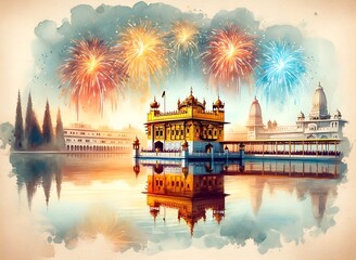 Canvas Print - Watercolor style illustration with golden temple and fireworks for vaisakhi celebration.