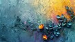 A modern painting that consists of abstract elements, metal elements, texture backgrounds, flowers, and plants.