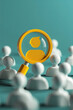 Concept of customer focus and customer relation management (CRM), represented by a yellow human icon inside a magnifying glass among white icons