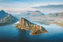 Lofoten islands landscape in Norway rocks and sea aerial view travel destinations scenic northern scandinavian nature summer season