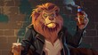 cartoon background. vector illustration. Sad pose of old lion in leather jacket holding a beer bottle in one hand and a cigarette in the other hand