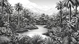 Fototapeta Perspektywa 3d - Panorama of tropical forest with mountains and water surface - Black and white ink drawing
