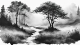 Fototapeta Perspektywa 3d - Meadow with a river and trees in the fog - Black and white ink drawing