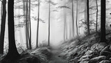Fototapeta Perspektywa 3d - Path in the foggy forest - Black and white artwork