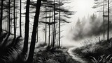 Fototapeta Perspektywa 3d - Path in the foggy forest - Black and white ink drawing