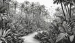 Tropical forest with dense vegetation - Black and white ink drawing