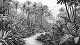 Fototapeta Perspektywa 3d - Tropical forest with dense vegetation - Black and white ink drawing