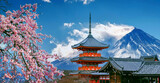 Fototapeta Krajobraz - Cherry blossoms and red pagoda in Japan.