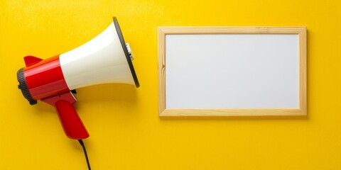 Wall Mural - Megaphone and blank board on yellow background