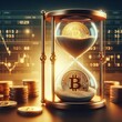 An hourglass with Bitcoin coins portrays the time-sensitive nature of cryptocurrency investments. The blending of classic timekeeping with modern currency reflects market volatility. AI generation