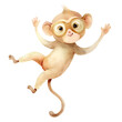 Watercolor illustration with cartoon funny monkey jumping in glasses. Isolated on transparent background. Perfect for card, postcard, tags, invitation, printing, wrapping.