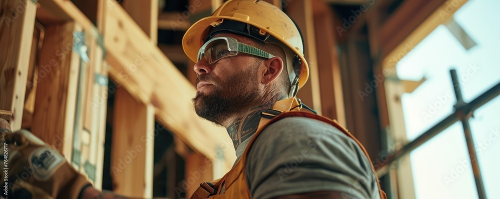 Focused construction worker accurately measures a wooden beam within a ...