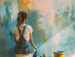 © Felomena - Woman in Overalls Prepares to Paint Wall. Woman in a paint-smeared overall sits next to a wall that is about to be painted.