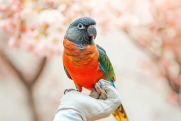 Aufkleber - A striking parrot with a colorful plumage sitting comfortably on a human hand covered by a protective glove, highlighting the human-animal bond