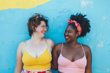 Two cheerful women with diverse body types, posing together against a playful background, expressing happiness and friendship