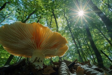 Poster - Low angle shot of a mushroom on the forest floor with sunlight bursting through the canopy above, evoking a sense of wonder