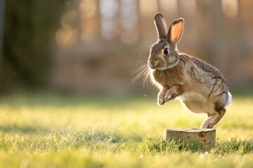 A wild rabbit captured mid-jump off a wooden stump, bathed in the warm glow of sunset light in a serene field