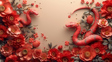 Wall Mural - An image of Chinese new year 2025 showcasing flowers, lanterns, and asian elements in a gold paper cut style on a colour background. (Translation : Happy Chinese New Year)