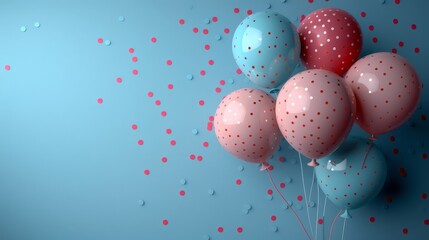 Poster - 3d rendering of pastel balloons and confetti on a blue background, which can be used for birthday parties, Father's Day, New Year backgrounds or as a copy space.