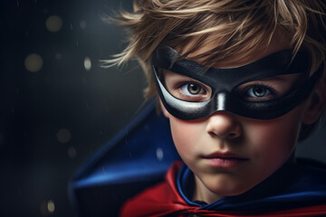 Wall Mural - Generative AI image of confident child super boy wearing superhero red cape
