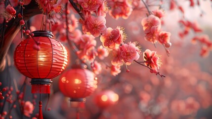 Aufkleber - The year of the dragon 2024 illustration background with red and gold colors, flowers, lanterns, and asian elements.