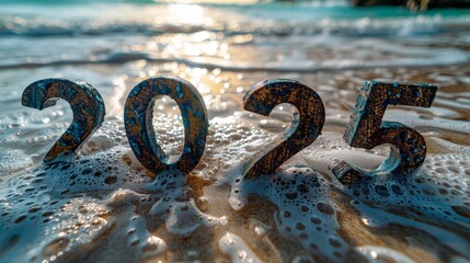Poster - Top view of message 2024 replacing 2025 on beach sand background. Goodbye 2024 and welcome 2025.
