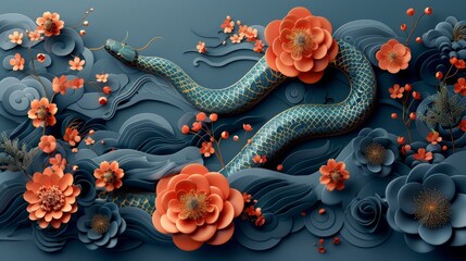 Aufkleber - The best wishes to you and your family for the new year of the snake in 2025. Red, gold, and white traditional paper cut elements on the background in the style of a traditional Chinese zodiac.