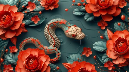 Wall Mural - Chinese new year 2025 year of the snake with flower, lantern, and Asian elements on a color background (Translation: Chinese new year 2025 year of the snake).