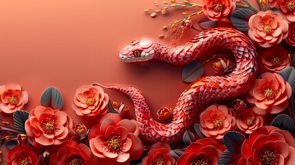 Aufkleber - Chinese New Year 2025 year of the snake with flower, lantern, Asian elements red and gold traditional paper cut style on color background.