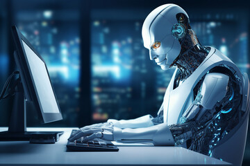 Poster - hard working person in modern interior office programming writing web java script code ai technology