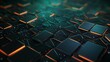 © Marianna - Green blockchain and technology related background with orange glowing lights and rectangular blocks