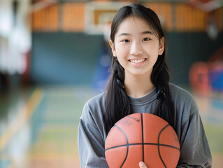 portrait happy asian girl holding basketball in a school gymnasium