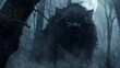Menacing Lycanthrope Emerging from Misty Moonlit Forest,Fangs Bared and Glowing Eyes