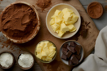 Assorted cocoa powder and cocoa butter, foundation of chocolate making. Cocoa butter and chocolate on wooden board, top view. Organic cosmetics ingredient. Immune booster. Vegan culinary product