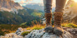 Close-Up of Female Hiker's Feet with Trekking Boots Against a Mountain Landscape, Embarking on an Outdoor Adventure in Nature, Panoramic Sport Background
