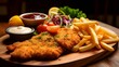 © Hawk - Schnitzel with french fries and salad on a wooden board