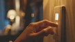 A close-up of a persons hand turning off a light switch,  with energy-efficient LED bulbs glowing softly in the background,  promoting energy conservation and eco-friendly habits